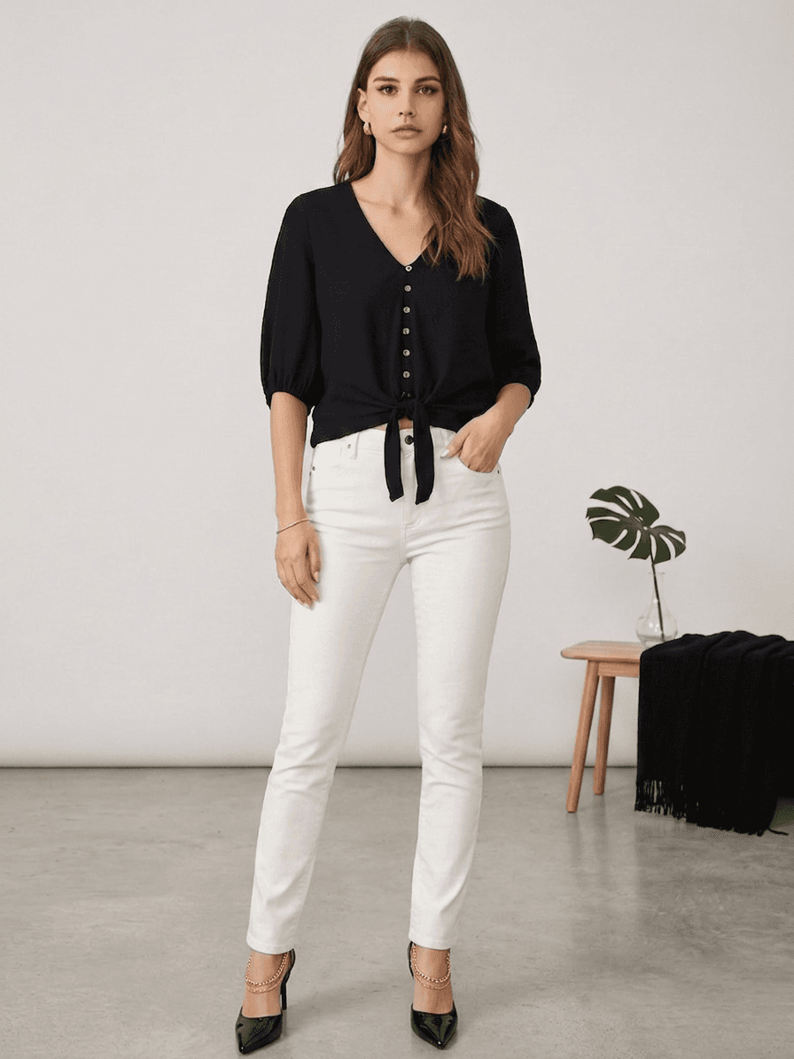 Blusa de Lino con Nudo Frontal y Botones 1