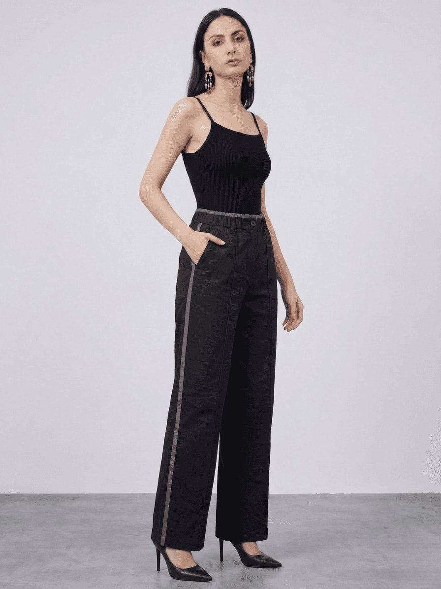 Pantalón Wide Leg con Galón Lateral en Contraste